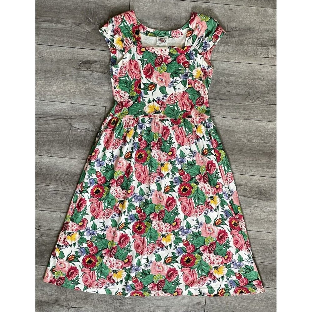 Vintage Lanz Originals 80s Floral Midi Summer Dress White Pink Green Size L / XL
